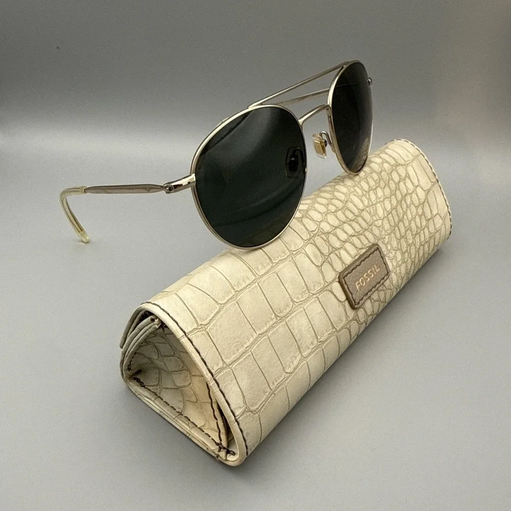 Fossil Authentic Sunglasses Gold Round Frames w/Green Polarized Lens with Case